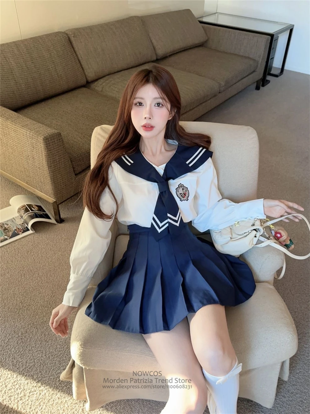 Japanese Korean Girl Sailor Uniform, School Uniform, Uniform Set, Navy Collar Top Tie + High Waisted Pleated Skirt Preppy Style