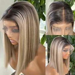 Heat Resistant Fiber Synthetic Short Wig Ash Blonde Colored Silky Straight Wig with Dark Roots Lace Front Wigs for Women Daily