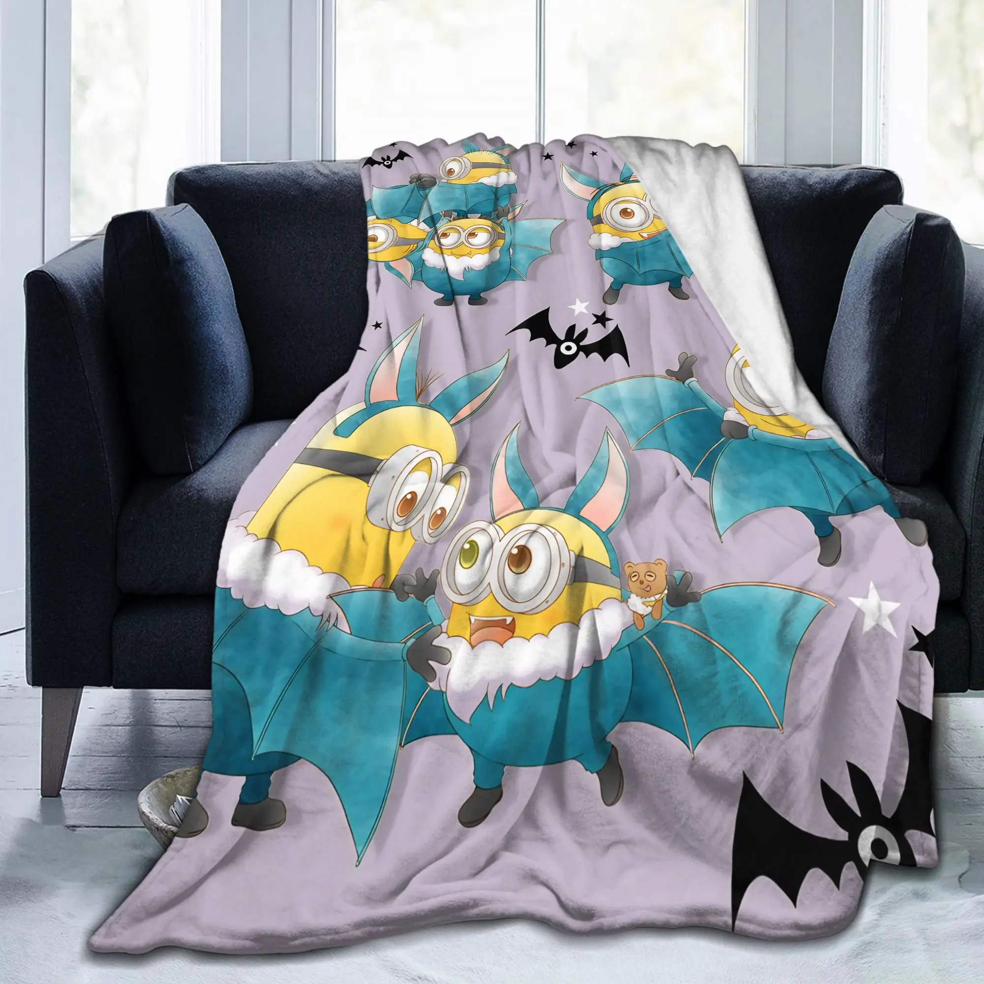Cute Anime M-Miniones Blanket Flannel  Winter Halloween Bats Portable Lightweight Throw Blanket for Bedding Outdoor Bedspreads