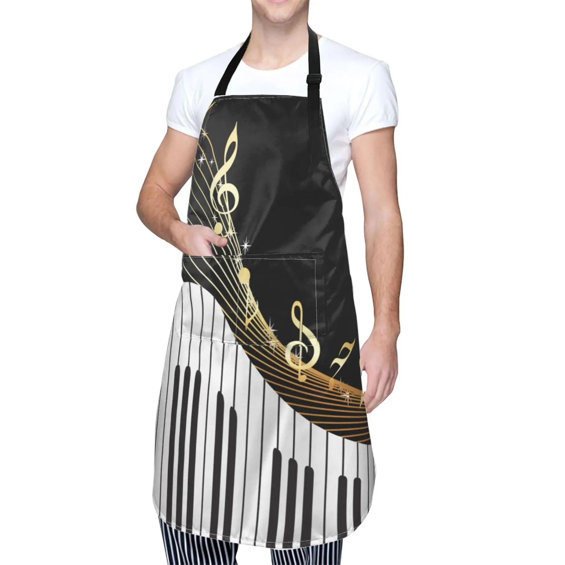 Piano Keyboard Cooking Apron For Women Men With Pockets,Music Note Instrument Black And White Oxford Cloth Kitchen Apron