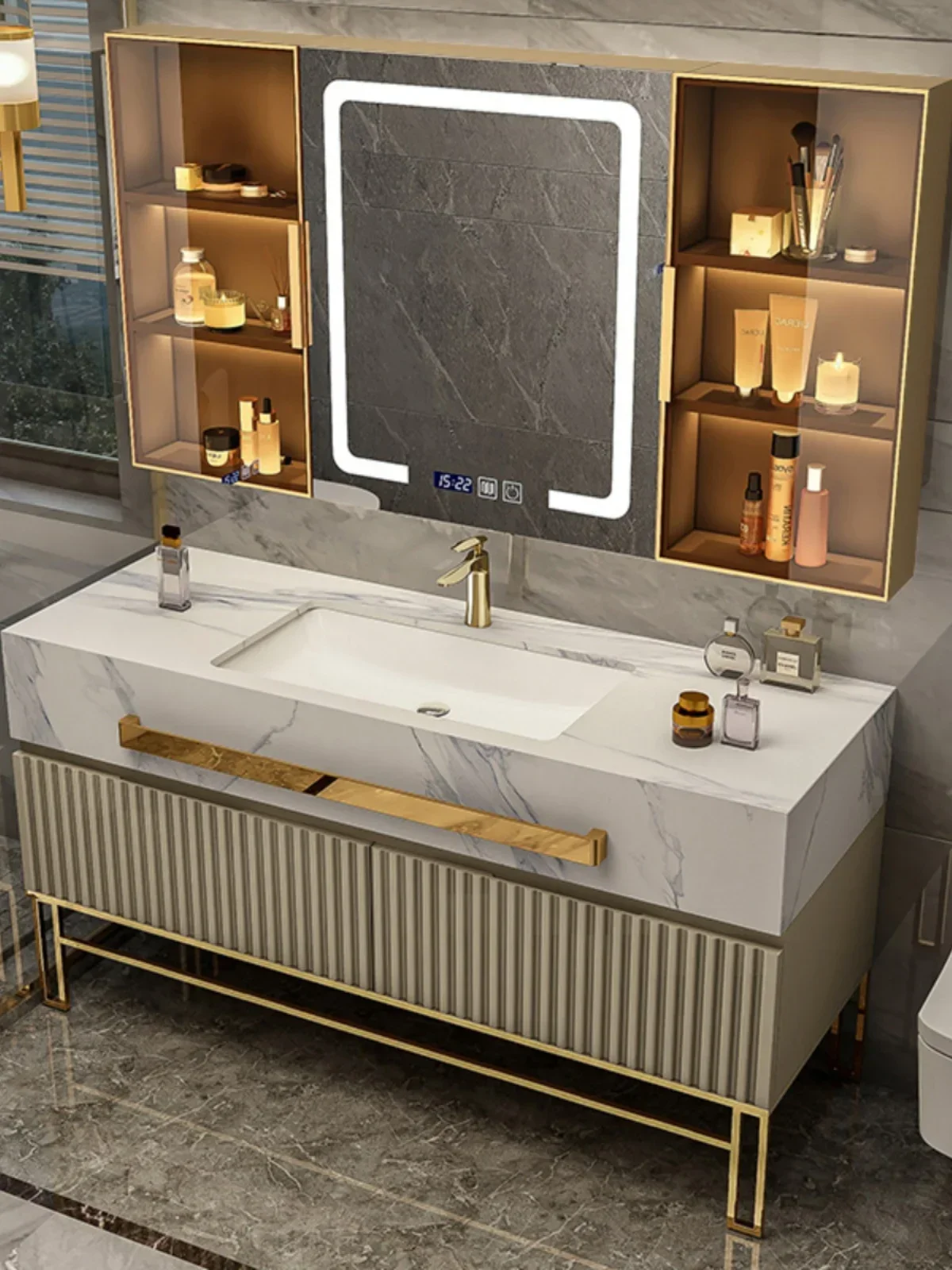 Modern Simple Oak Bathroom Cabinet Combination, Customized Basin Cabinet, Ceramic Rock Plate Seamless Integrated Basin