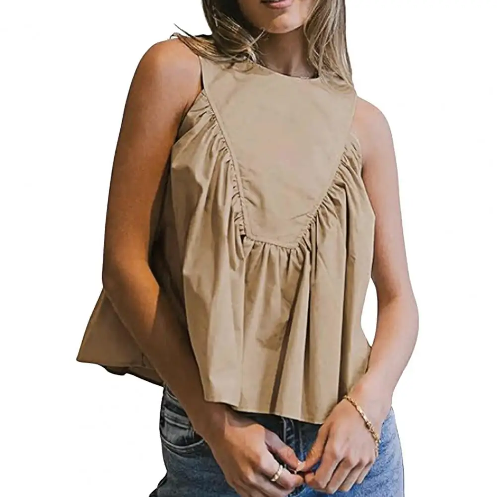 Canottiera da donna Camicia stile casual per pendolari Top Camicetta tinta unita Vestibilità ampia Girocollo senza maniche Canotte a pieghe Commer