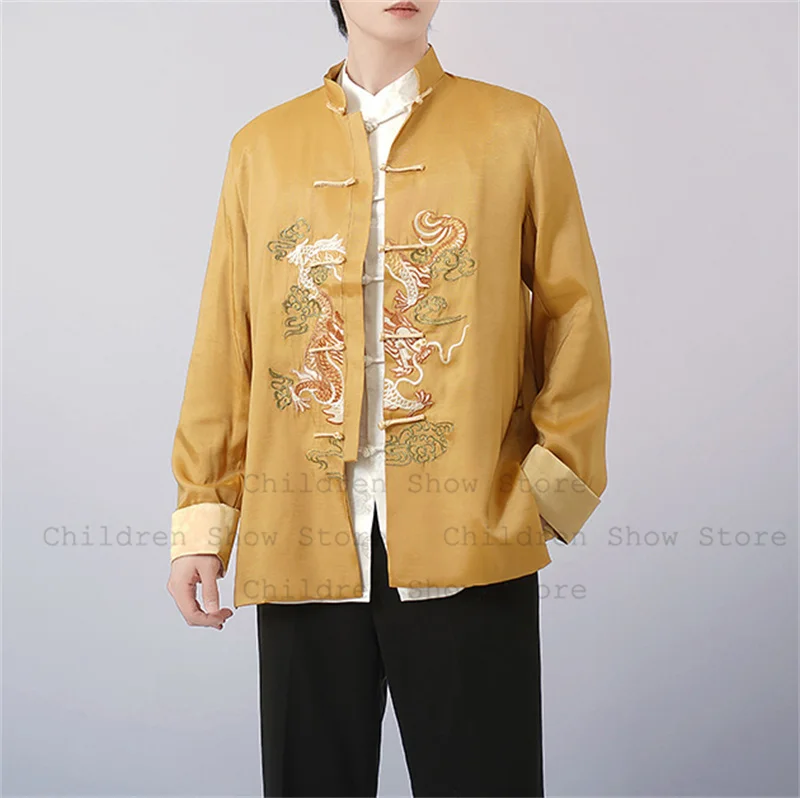 

2025 Autumn New Male Tang Clothes Satin Embroider Dragon Jacket Chinese Martial Arts Costume Men Festival Gift Big Size 3Xl