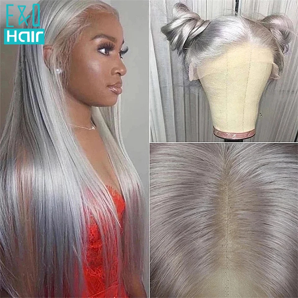 Peluca de cabello humano liso de 13x4 para mujer, postizo de encaje frontal, color gris, peruano, prearrancado, transparente