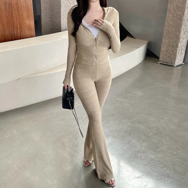 

Korean Style Sexy Slim Fit Long Sleeve Zipper Hooded Jacket High Waist Loose Pants Two Piece Set for Women Casual Wear