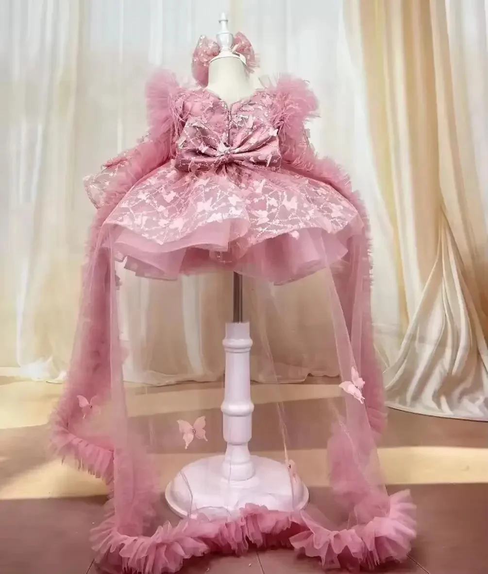 Customized Pink Flower Girls Dresses For Wedding Applique Bow With Trailing Lilttle Birthday Pageant Party Communion Gown