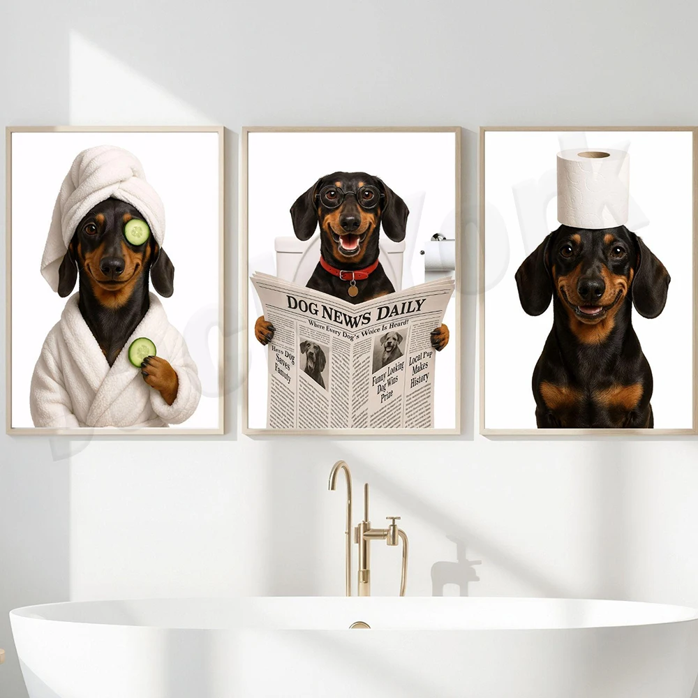 Deer in bathrobes, East Siberian Laika, Dutch Shepherd, Dutch Shepherd, Drenthe Patri, Dachshund reading, bathroom posters