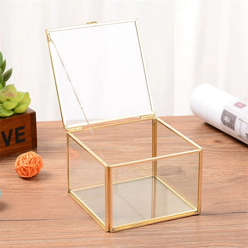 Ringbox aus Glas, Hochzeitsschmucketui, unsterbliche Blume, Glasabdeckung und quadratische Öffnung, Glasgeometrie, Garten-Schmuckschatullen, Spiegel, Juwel