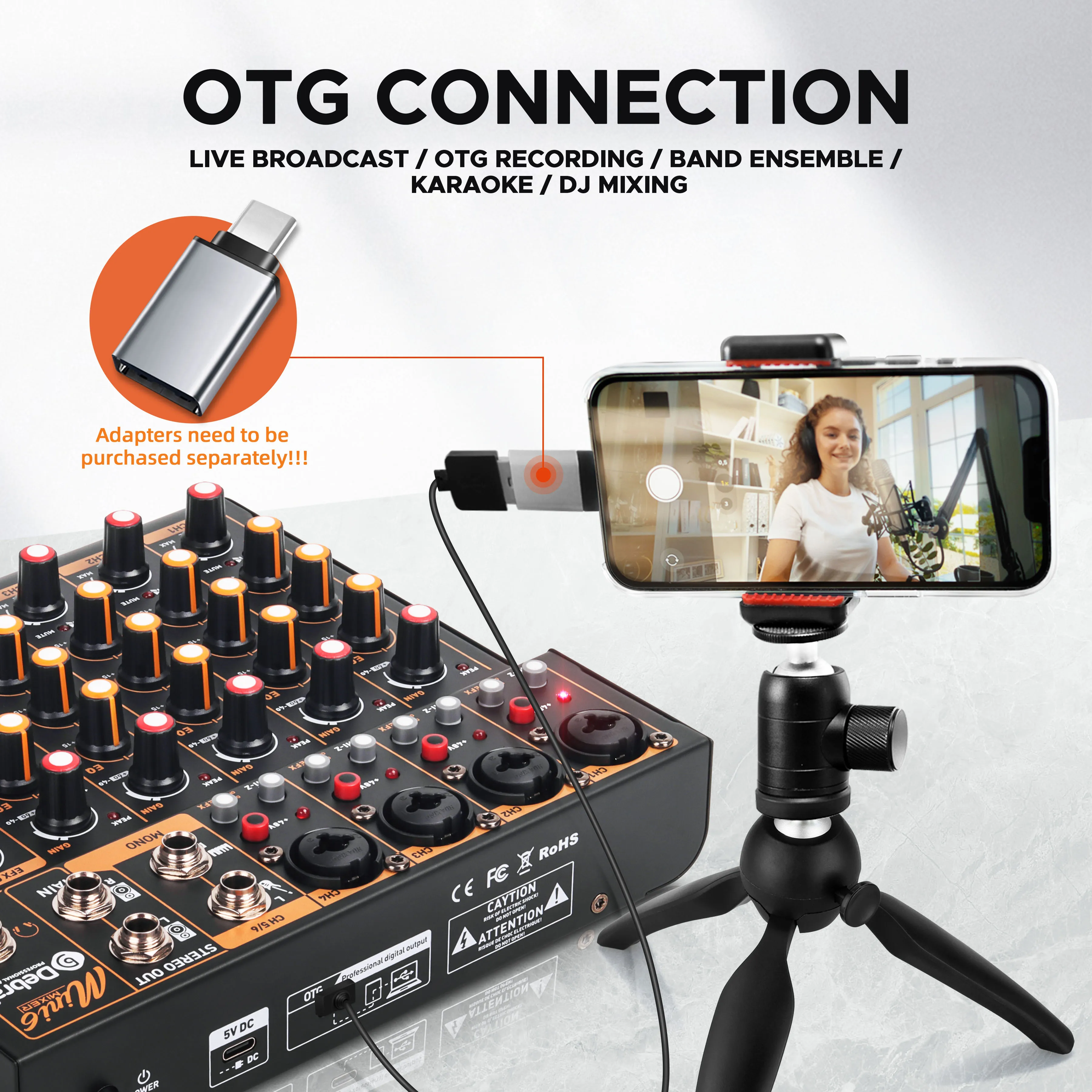 Debra Mini 6 6 Kanalen Metalen Audio Interface Mixer Met Bluetooth OTG Vertraging Herhaal Effect Voor Sound Mixing Console PC Opname