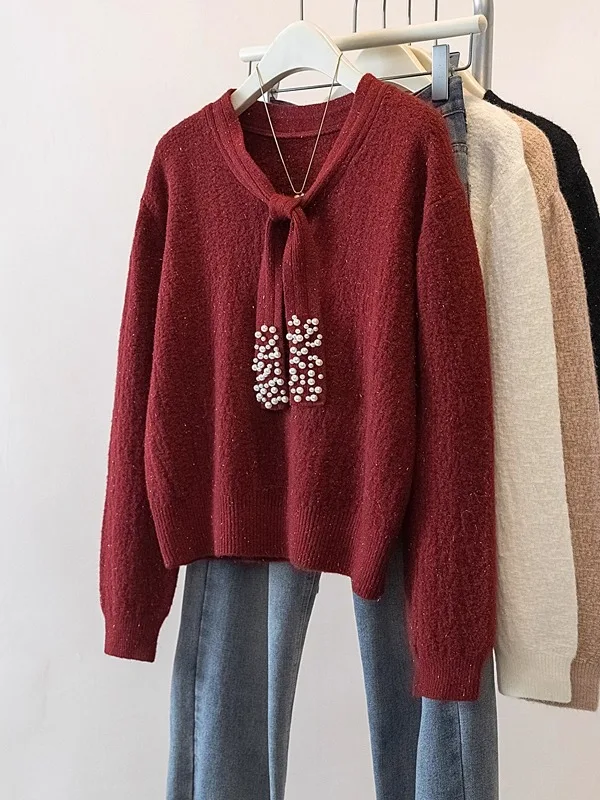 

Красный вязаный свитер Long Sve с поясом, зимний женский модный свитер большого размера, уникальный красивый женский свободный крой, удобный мягкий