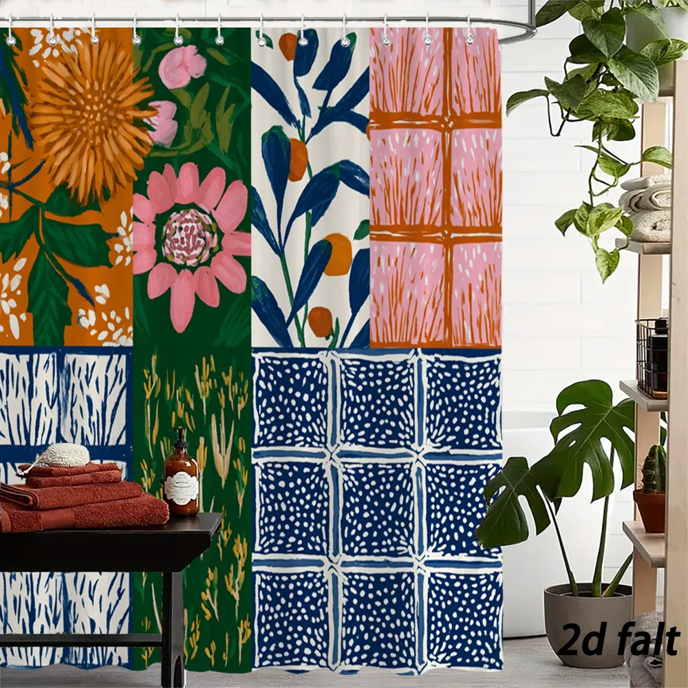 Retro Boho Patchwork Mixed Botanical Flower And Geometric Block Illustration Bath curtain Comfortable Warm Throw Blanket