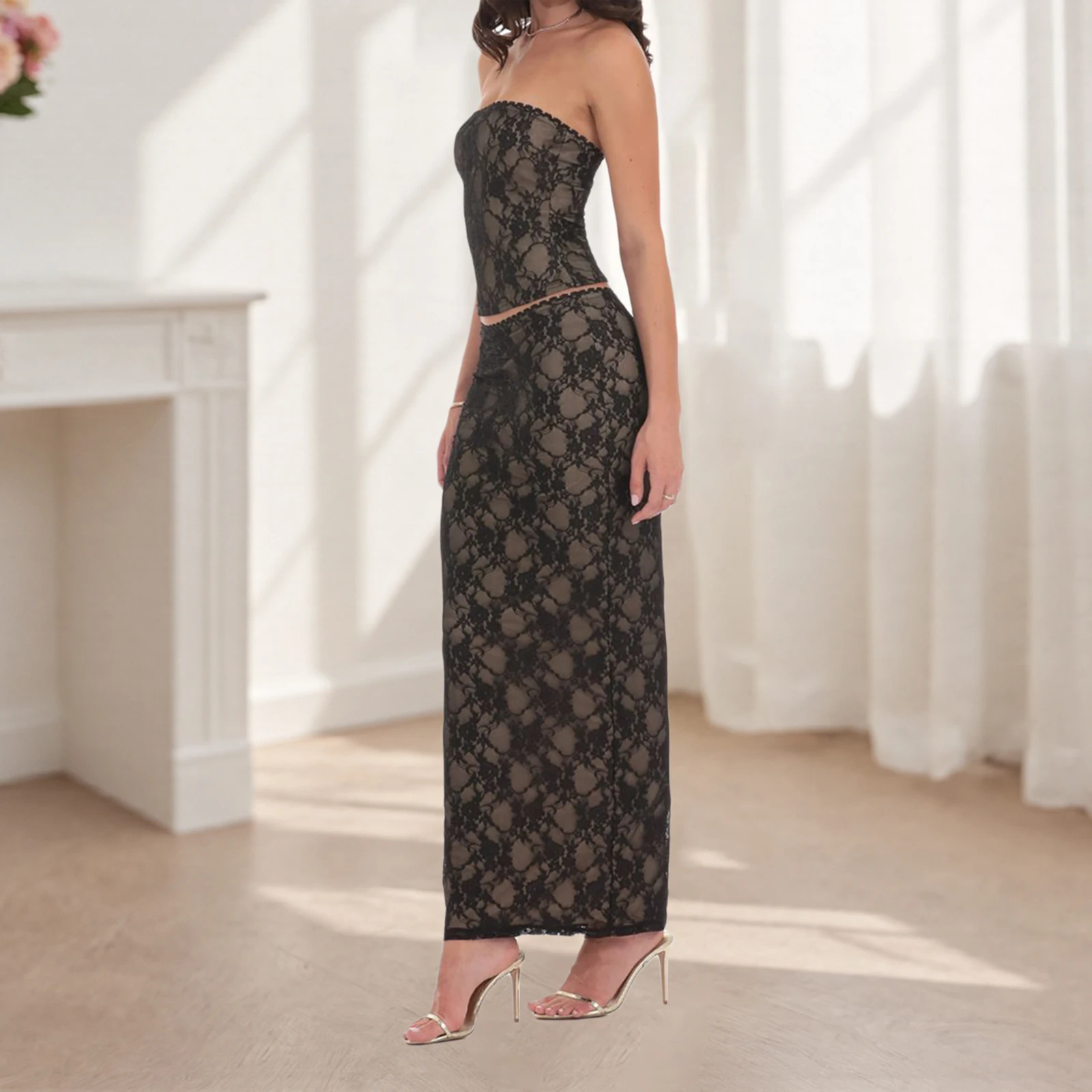 

Women's Summer 2 Piece Skirts Outfits Sexy Lace Trim Backless Strapless Tube Tops Long Bodycon Skirts Holiday Party Clothes