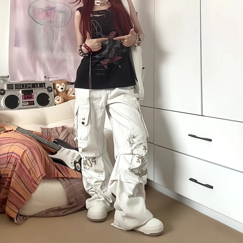 

Уличные джинсовые брюки в стиле хип-хоп в американском стиле Y2k, винтажные осенние новые нишевые брюки с высокой талией в стиле Харадзюку