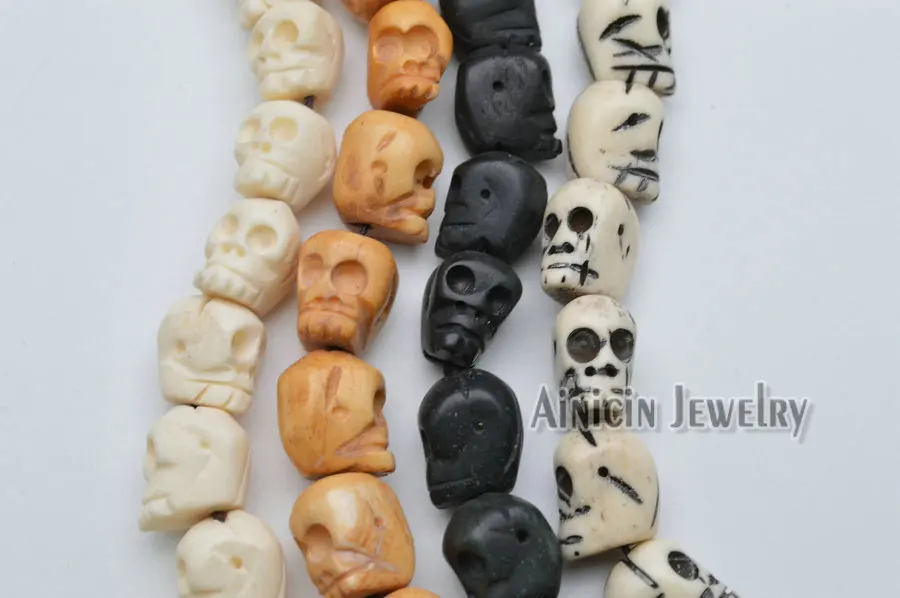 Many Size Genuine Ox Bone Black White Yellow Color Skull Head Carved Strand Loose Beads DIY Jewelry Making Findings 19~50pcs/lot