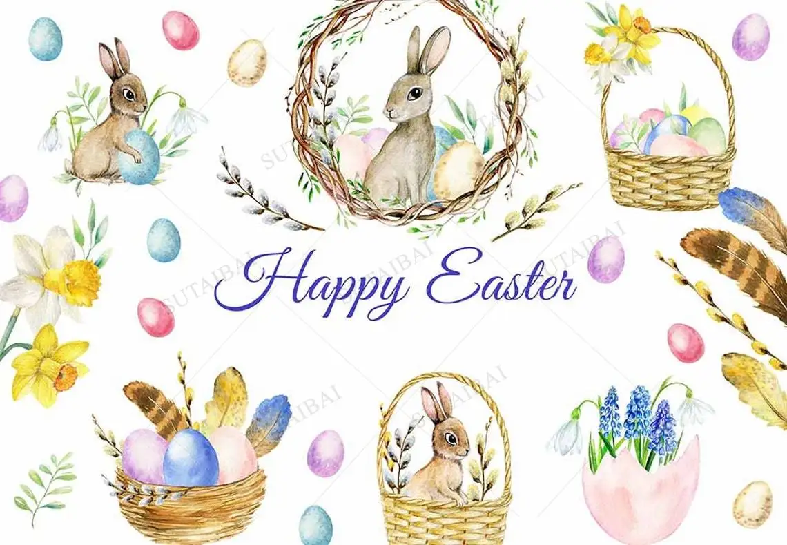 Easter Spring Background Colorful Eggs Holiday Baby Shower Feather Hunt Flowers Festival Portrait Photophone Backdrop Decoration