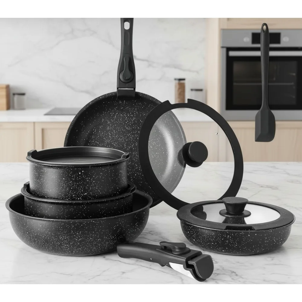 

Набор посуды с антипригарным покрытием, 12 предметов, текстура черного гранита, безопасная в духовке и без PFOA для семейных кухонь