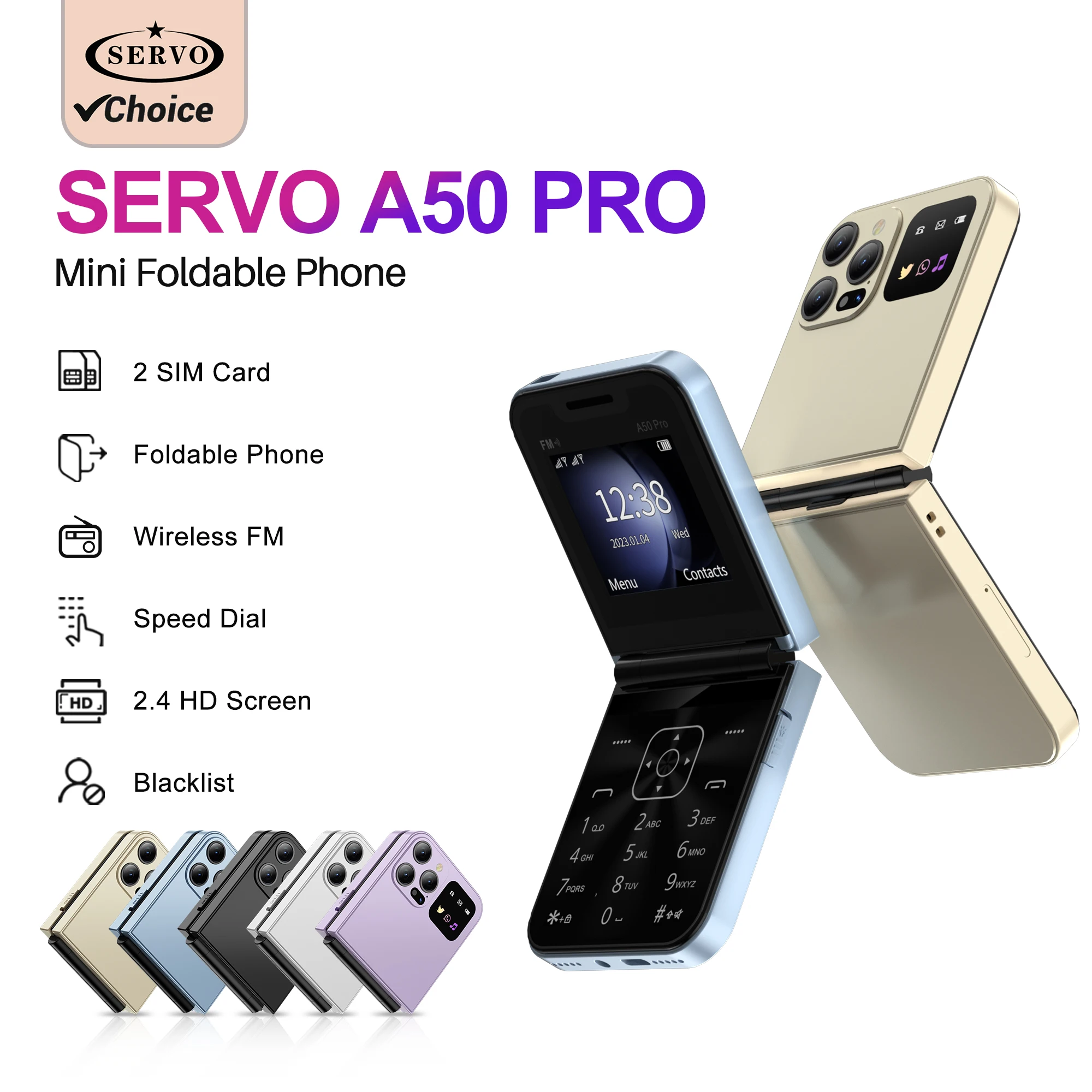 SERVO A50 PRO الهواتف المحمولة القائمة السوداء الصوتية السحرية المزدوجة سيم سجل المكالمات سرعة الاتصال الهاتفي الهواتف المحمولة القابلة للطي 2.4 "عرض Type-C