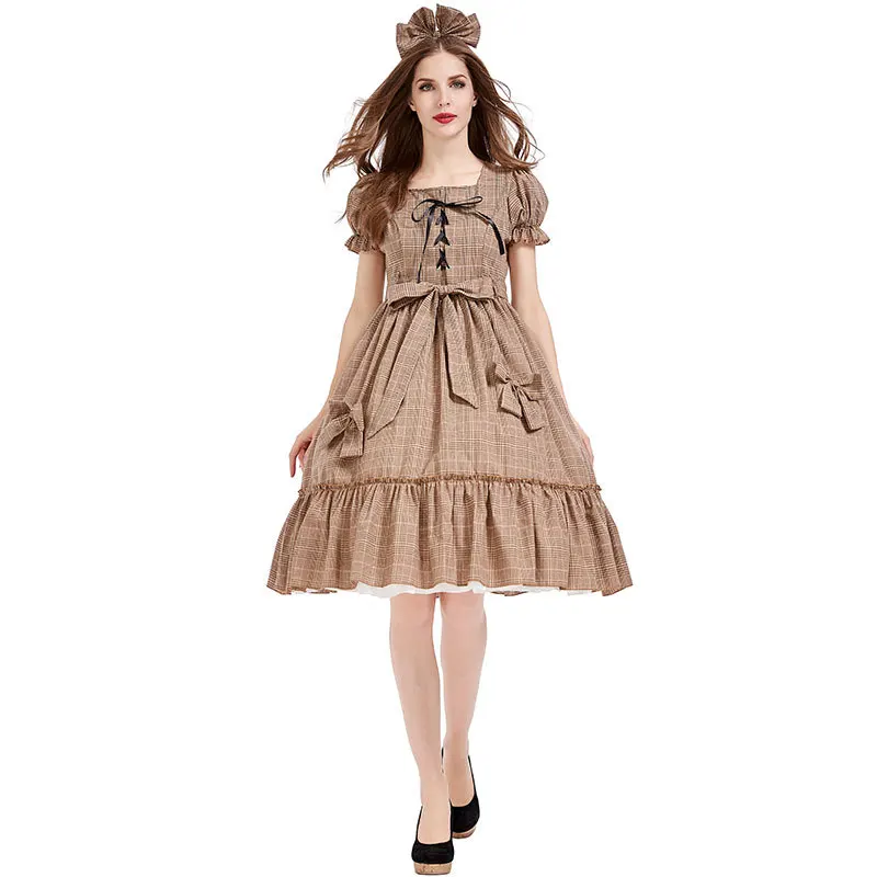 Pastoral Khaki Plaid Lolita Dress Spanish Style Lolita Princess Bow Skirt