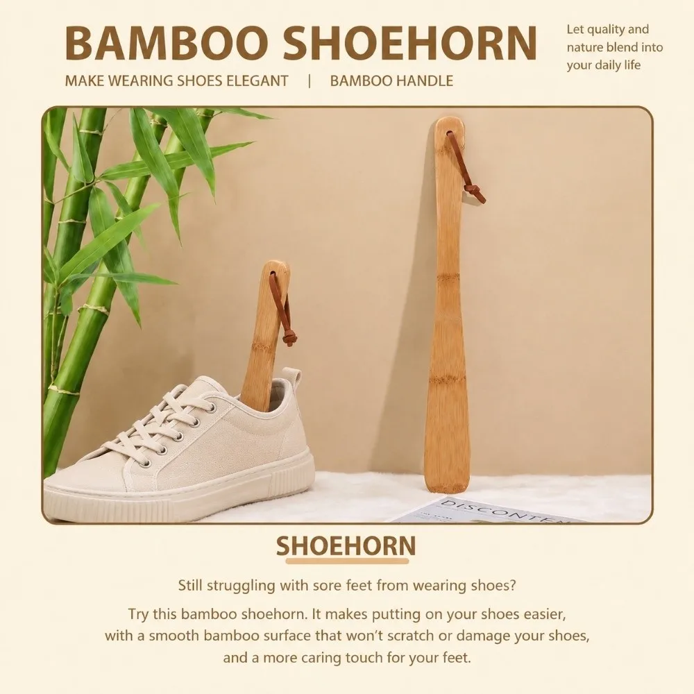 Convenient Short Long Handle Bamboo Shoe Horn Smooth Hanging Rope Shoe Puller Bamboo Shoe Spoon Daily Use