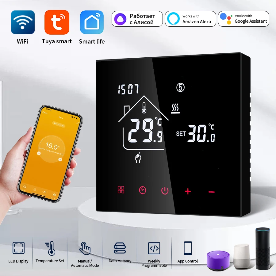 Tuya WiFi Smart Thermostat LCD Display Touch Screen For Floor Heating Electric/Water Gas Boiler Remote Control by Alexa Alice