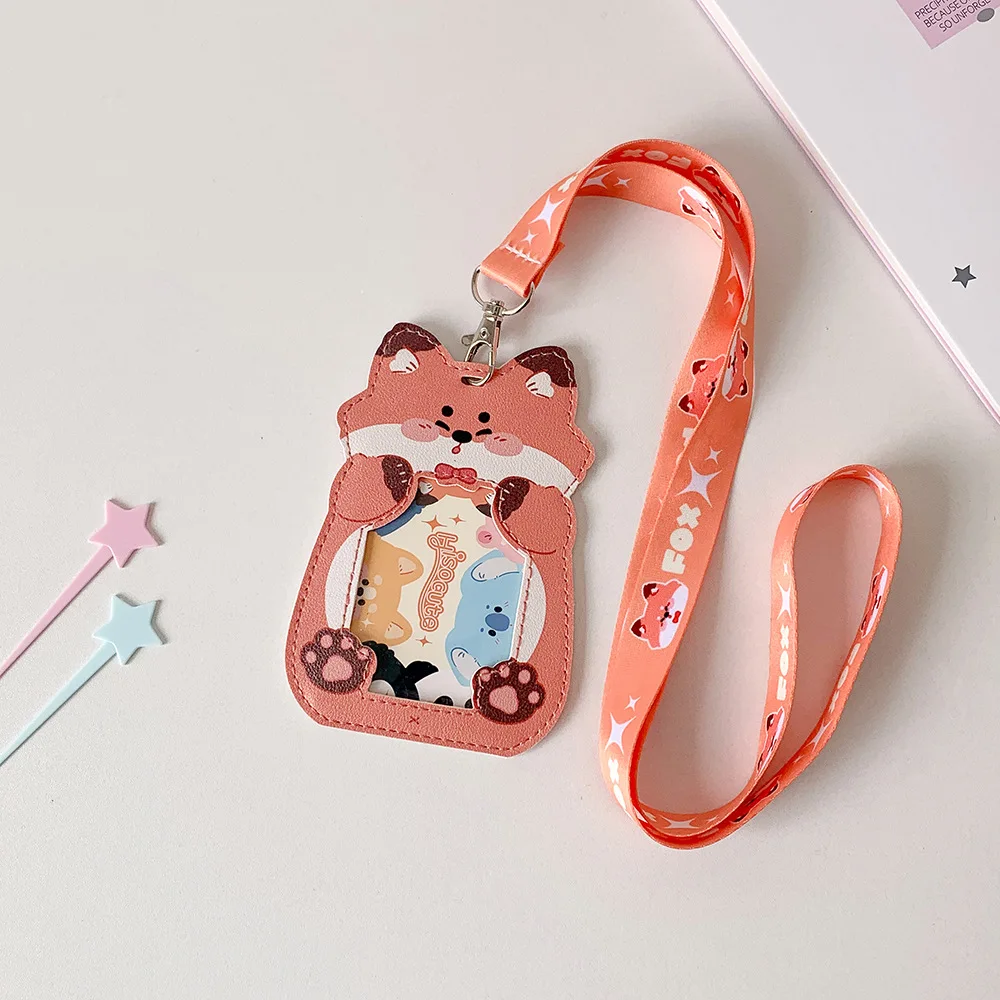 

Cartoon Animal PU Leather Card Holder with Neck Strap Lanyard Children Bus Card Case Cute Photocard Holders Sleeves Badge Holder