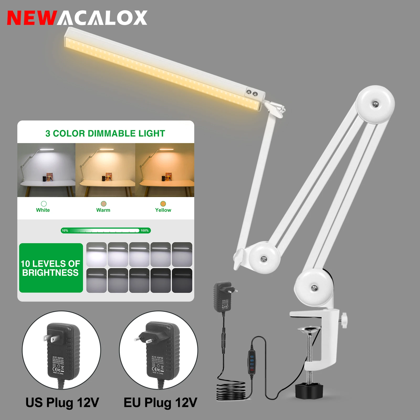 NEWACALOX 12W Adjustable Folding  Desk Lamp with 102Pcs SMD LED Light Eye-Caring Reading Lamp for Home Office Bedroom EU/US 12V