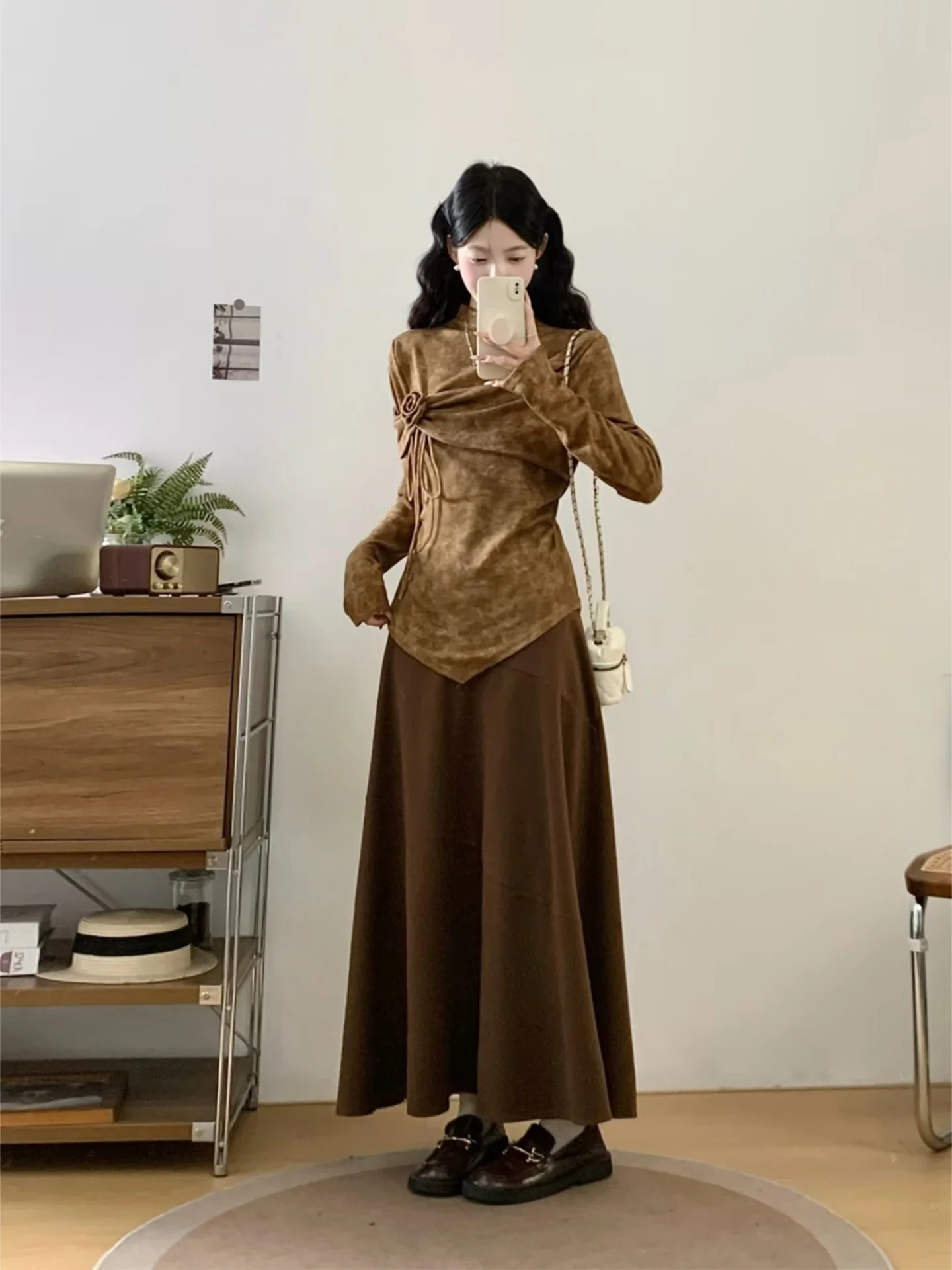 

Faionable Large Size Women's 2025 Autumn Winter Dyeing Top And Skirt Set High Waist Long Sve round Ne Casual Commute S...