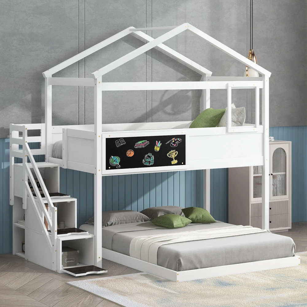 Children Beds Twin Over Full House Bunk Bed with Storage Staircase Blackboard,White Bunk Beds Kids  Toddler Children Furniture