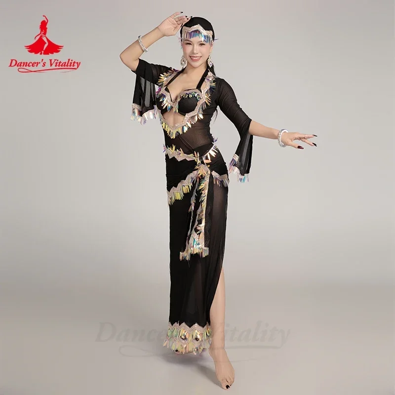 زي أداء الرقص الشرقي للنساء رداء أنيق متقدم + حمالة صدر + حجاب + وشاح الورك 4 قطعة رداء المنافسة Balady Saidi