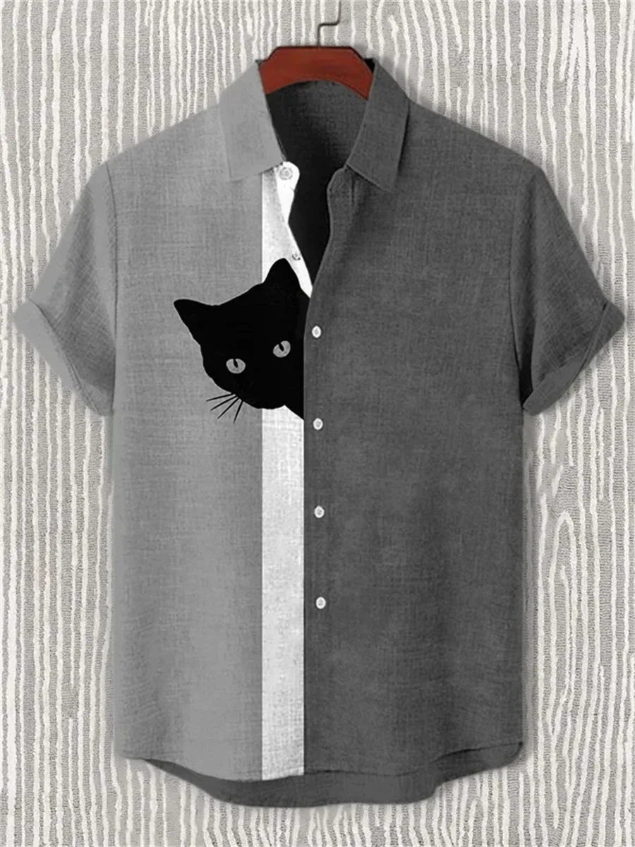 Men's blue and white color-blocked short-sleeved shirt with black cat print, collared casual outdoor vacation Hawaiian shirt.