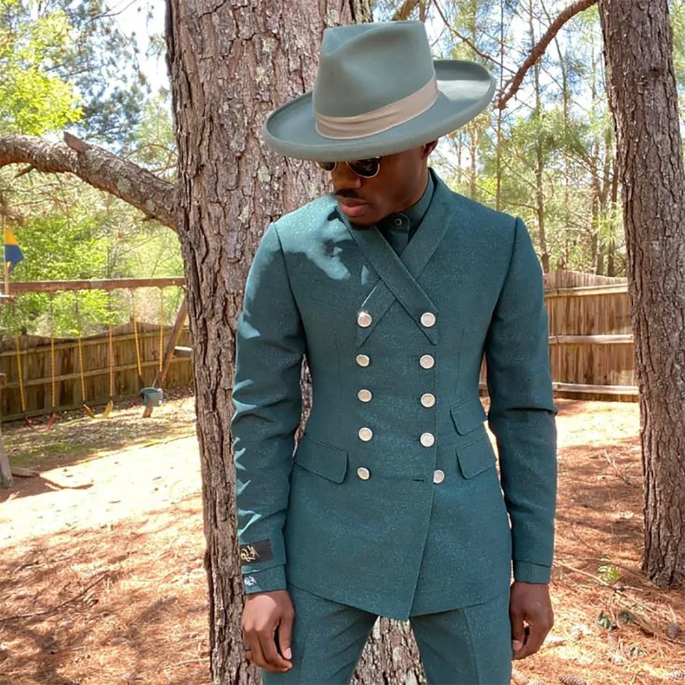 

Green Stand Lapel Men's Suit Slim Fitted Double Breasted Casual Male Outfit Jacket Pants New Arrival Unique Daily Set 2 Pieces