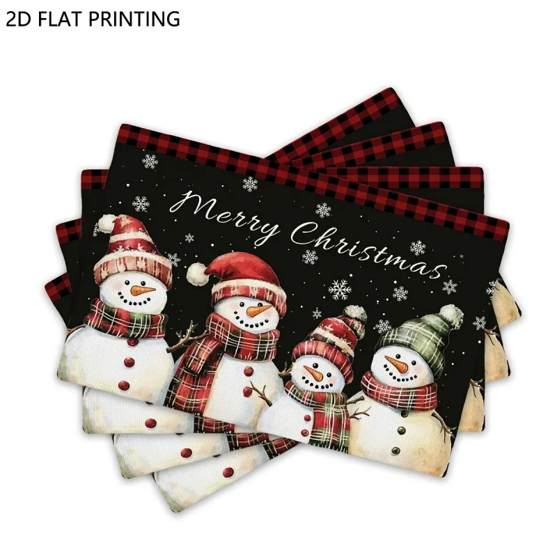 Watercolor Snowman Family Buffalo Plaid Trim Merry Christmas Letter Print Table Mat Winter Holiday Dining Table