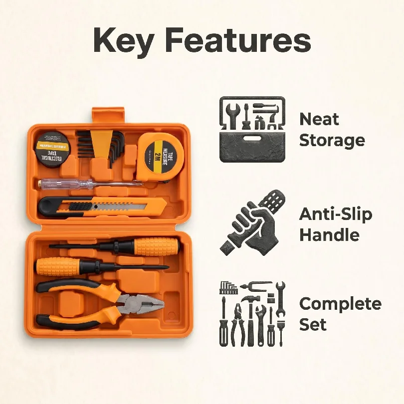 13PCS Tool Set General House hold Hand Tool Kit with Plastic Toolbox Storage Case Used to Car repair And home Repair