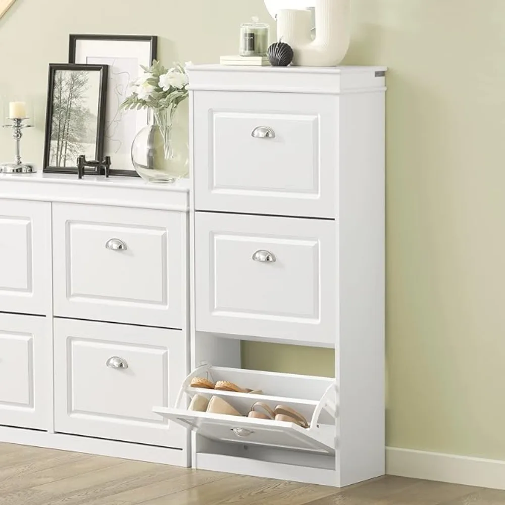 Haotian FSR94-W, White Shoe Cabinet with 3 Flip Drawers, Freestanding Shoe Rack, Shoe Rack with Hidden Drawer