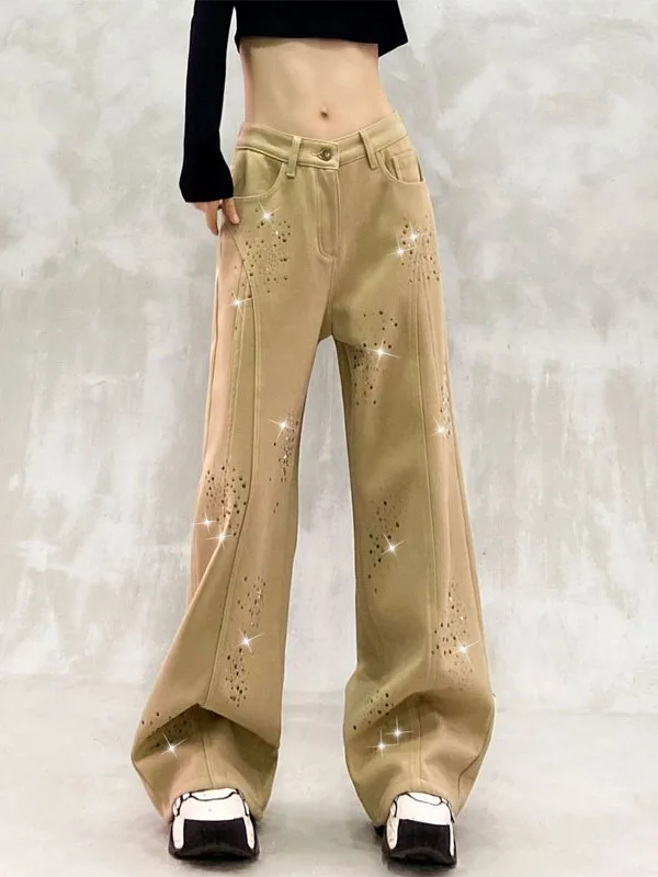 

Ceau Design Heavy Embellied Denim Jeans Women's Spring Autumn Loose Wide Leg High Waist Elastic Jeans Faionable Commute...