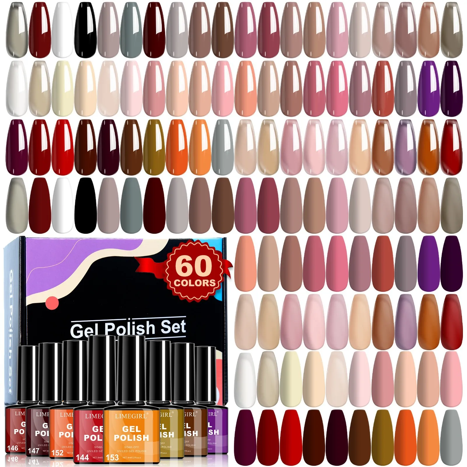 60 Piece Gel Nail Polish Set with 8ml Nude and Solid Color Bottles, UV Gel Kit for Home Manicure, Salon Style Nail Art Practice