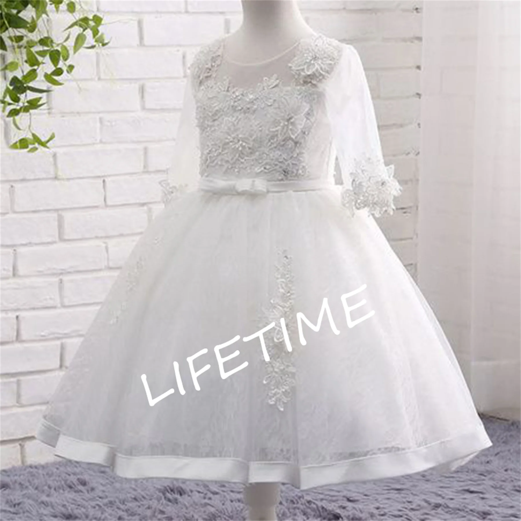 White Applique Flower Girl Dress Beach A-Line Kids Princess Full Sleeve Ball Gown Tea Length Wedding Dance Tulle Prom Dresses