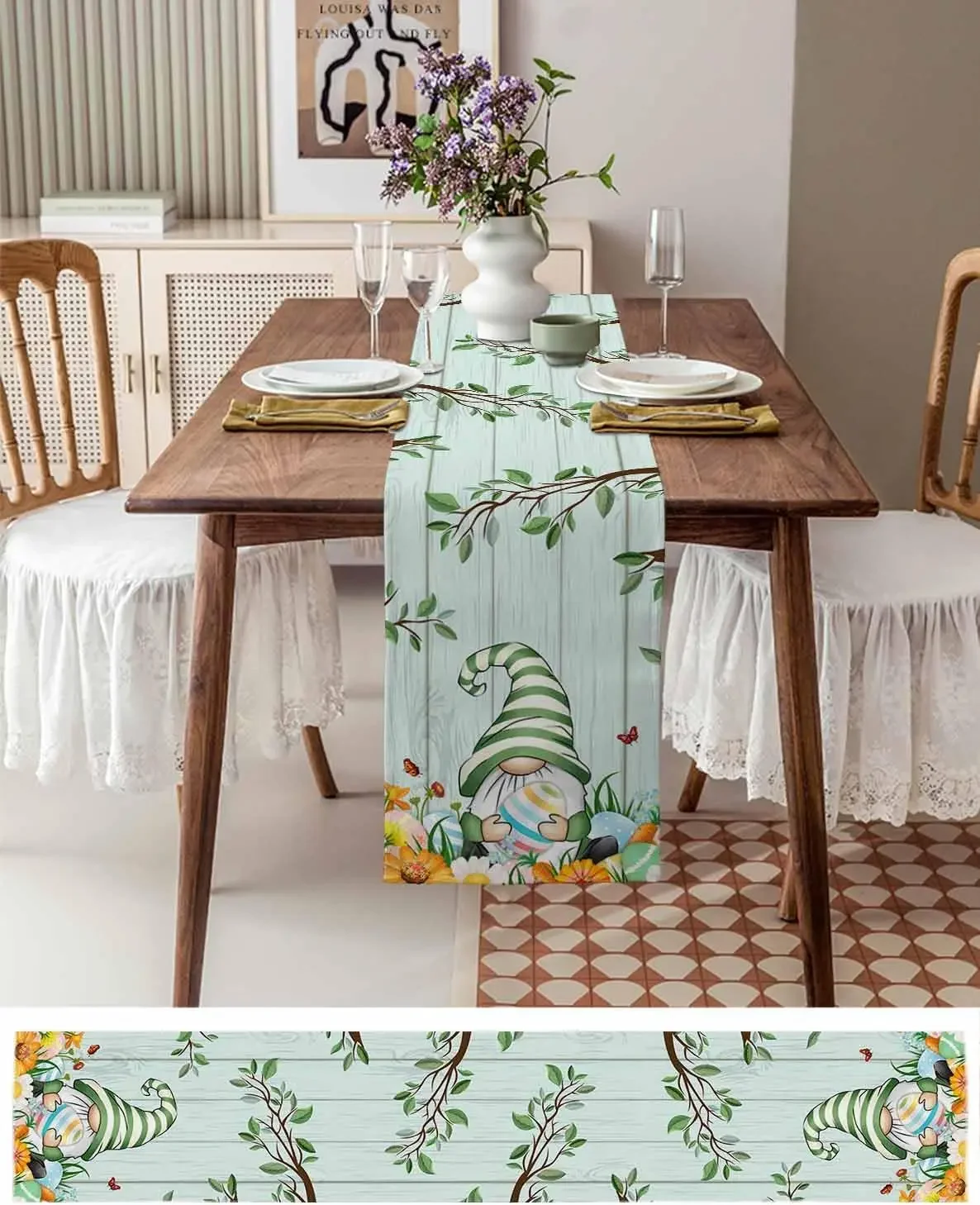 Easter Gnome Egg Flowers Wood Grain Linen Table Runner Table Decor Spring Floral Eucalyptus Leaf Table Runners Easter Decoration