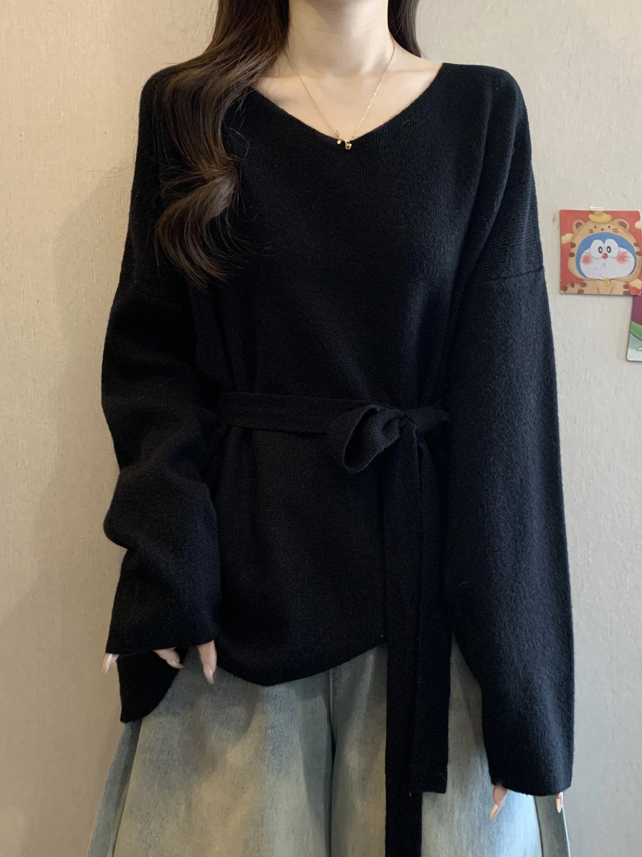 

plus Size Women's V-Neck Long Sleeve Knitwear Mid-Length A-Line Sweater with Waist-Cinching Detail Asymmetrical Hem