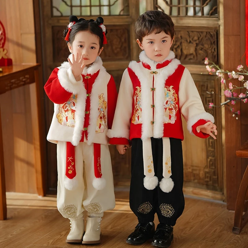 

Chinese Girl Boys New Year Clothes Kid's Hanfu winter clothes children's Tang suit baby plus velvet padded Christmas Tang suit