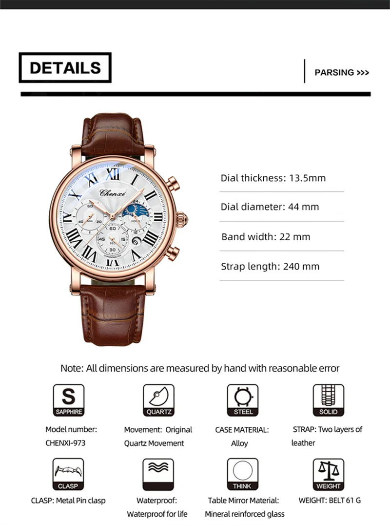 CHENXI 973 Herren-Quarz-Armbanduhr, wasserdicht, leuchtender Chronograph, Multifunktions-Mondphase-Herrenuhren, часы Afrikaans – Detail 10