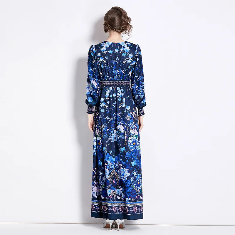 2024 Autumn New Blue Silk European and American Ethnic Style Loose Flower Printed Dress V-neck Leopard Pattern Knee length Skirt