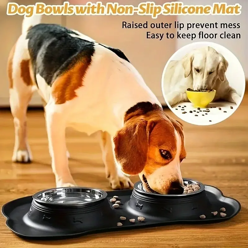 Silicone Bone Shape Pet dog Mat Double Bowl Durable Bite-Resistant Non-Deformable Food Water Feeder Stainless Steel Feeding Bowl