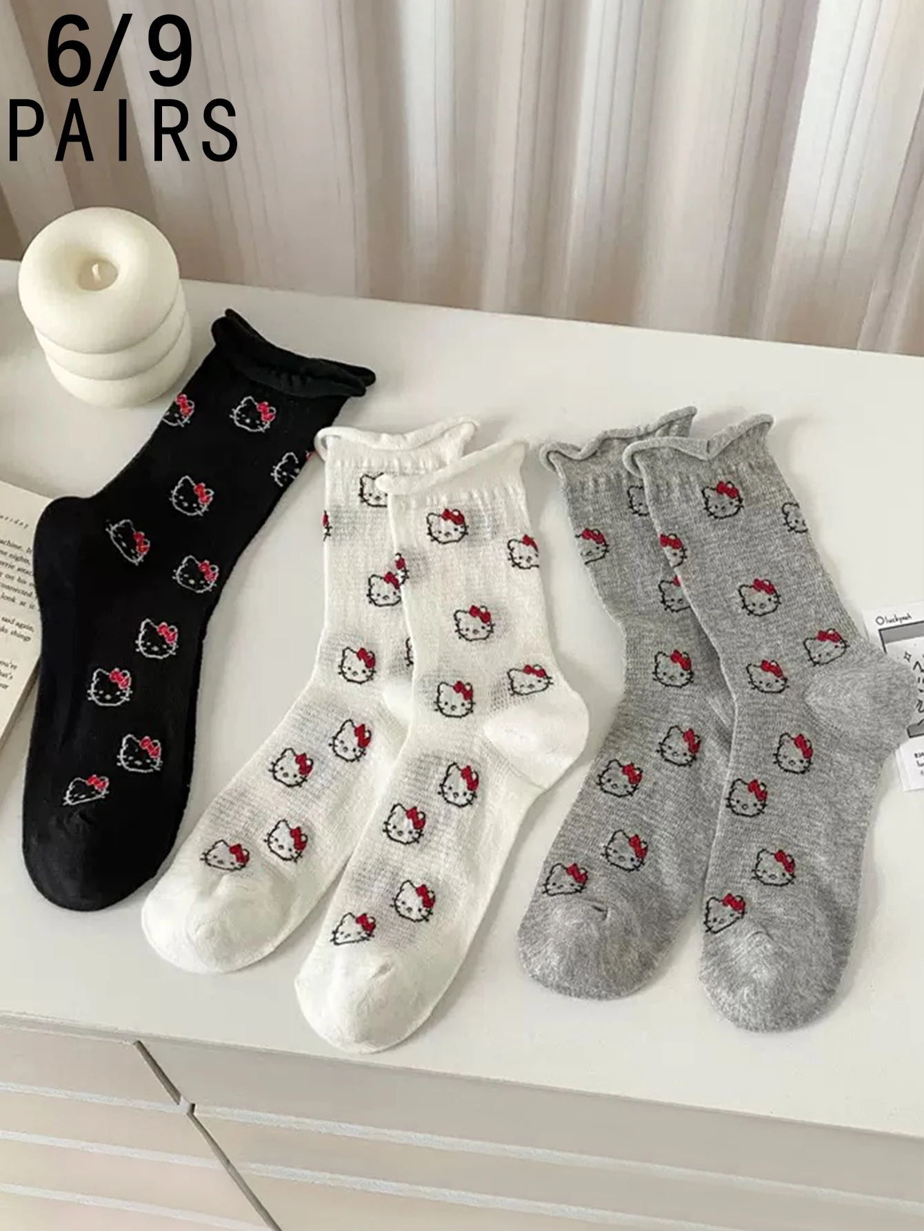 

6/9 pairs of Korean version lovely Sanrio hello Kitty mesh breathable jk Women's Mid Calf socks