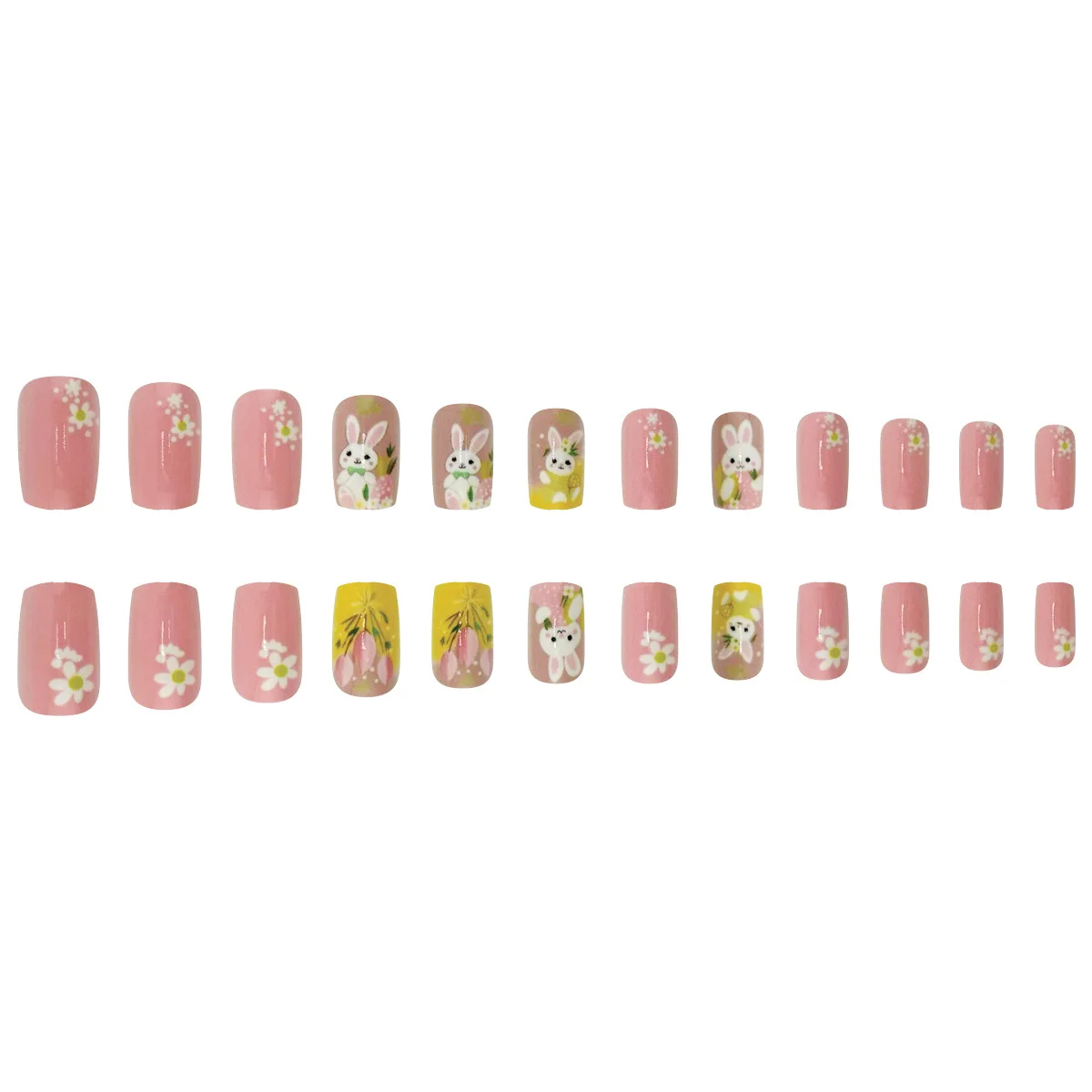 24pcs Easter Day False Nails Sweet Pink Rabbit Flowers Print Fake Nails Tips Women Wearable Detchable Spring Cute Press on Nails