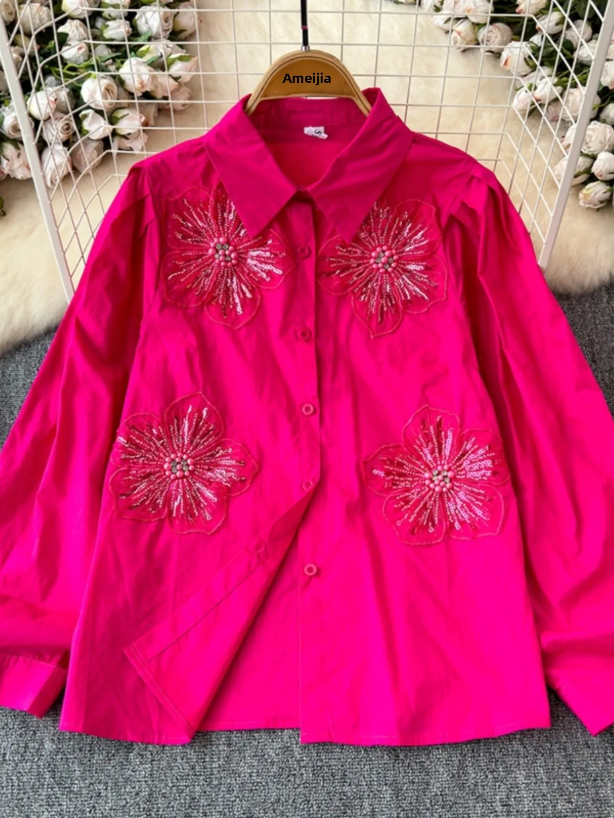 

Элегантная женская блузка с 3D-вышивкой, блестящими пайетками и цветочным узором, осенняя модная приталенная модель, высококачественный корейский стиль