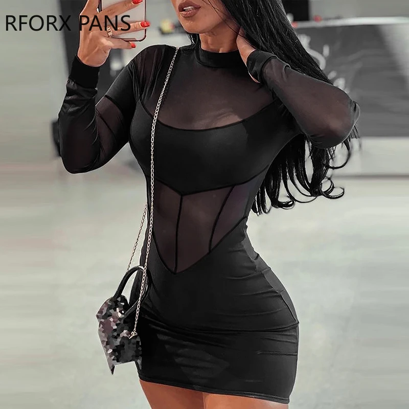 Women Chic Mesh Patchwork Long Sleeves Round Neck Mini Party Sexy Black Dress