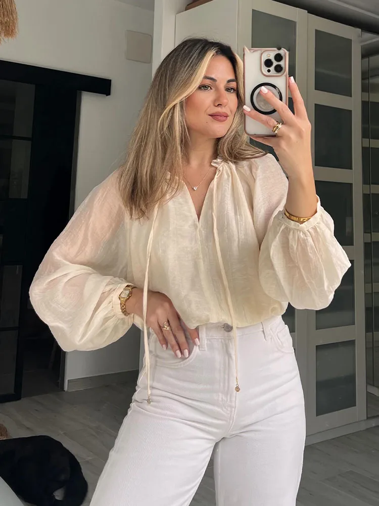 HH, moda de otoño para mujer, dulce manga de burbuja, camisa semitranslúcida, temperamento femenino, camisa holgada de tela Tencel Simple