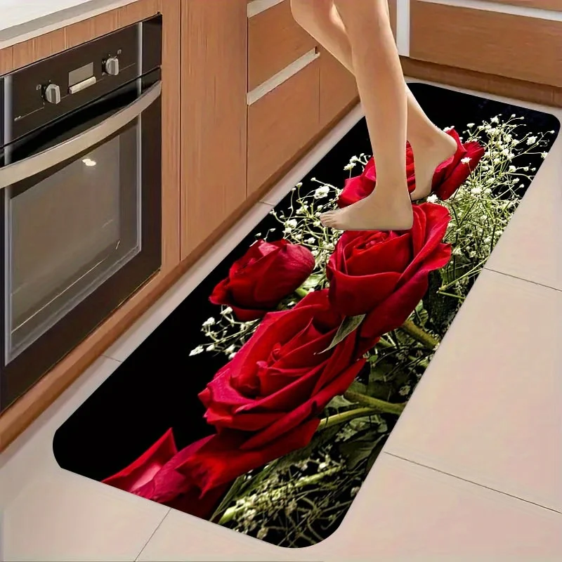 VIKAMA Red Rose Kitchen Mat Vibrant Floral Design Kitchen Rug Entrance Doormat Soft Rug For Bedroom Carpet For Living Room Home