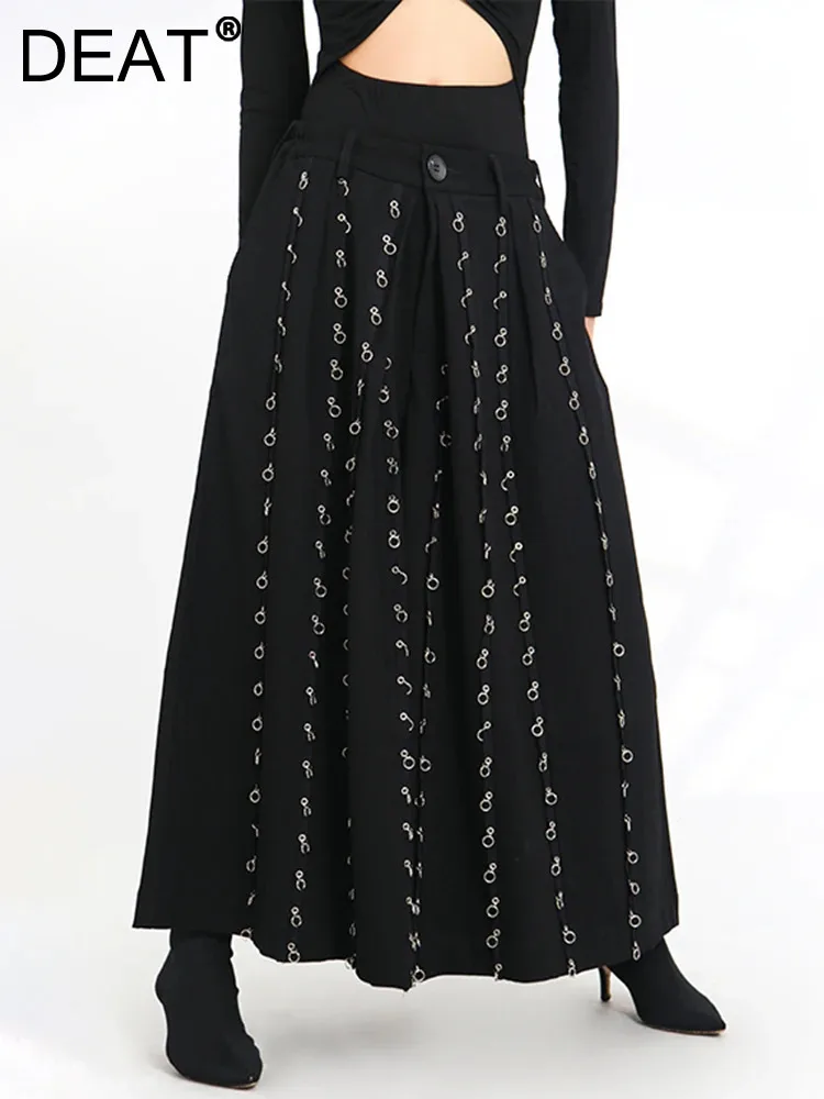 

DEAT Fashion Women's Punk Metal Buckle Wide Leg Skirt Pants High Waist Pleated Black Mid-calf Skirts Winter 2024 New 7AB2716